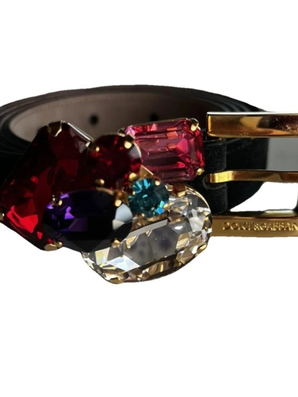 Rare Dolce & Gabbana Black Suede Belt with Multicolor Crystal Cluster Size 36